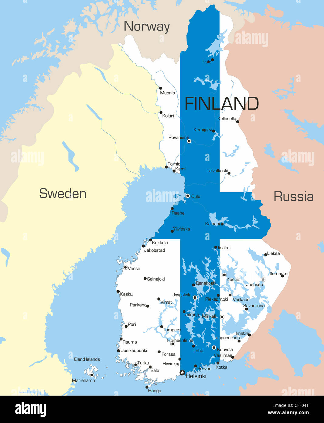 Abstract vector color map of Finland country coloured by national flag