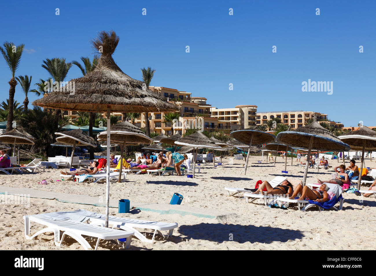 Beach scene in the tourist zone of Sousse, Gulf of Hammamet, Tunisia, North Africa, Africa Stock Photo