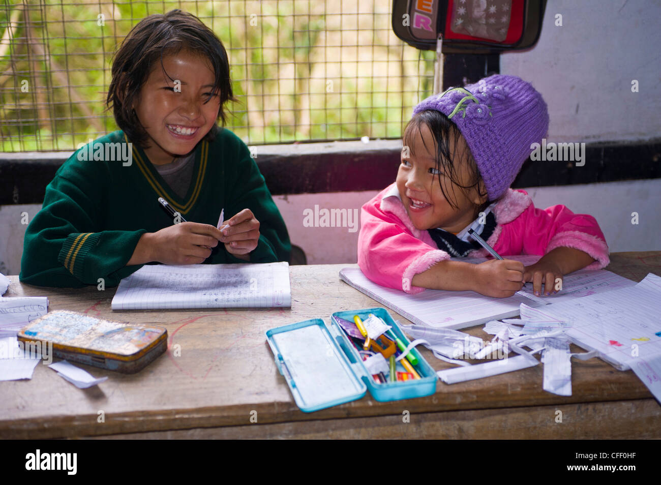 School kids in a school in the remote area of Arunachal Pradesh, Northeast India, India, Asia Stock Photo