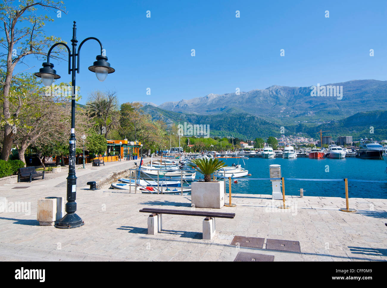 Little boats in the harbour of the old town of Budva, Montenegro, Europe Stock Photo