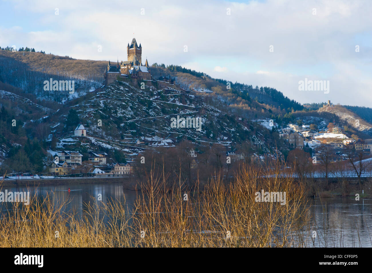 Reichsburg Cochem Castle, Cochem, Mosel, Moselle, Valley, Rhineland-Palatinate, Germany, Winter Stock Photo
