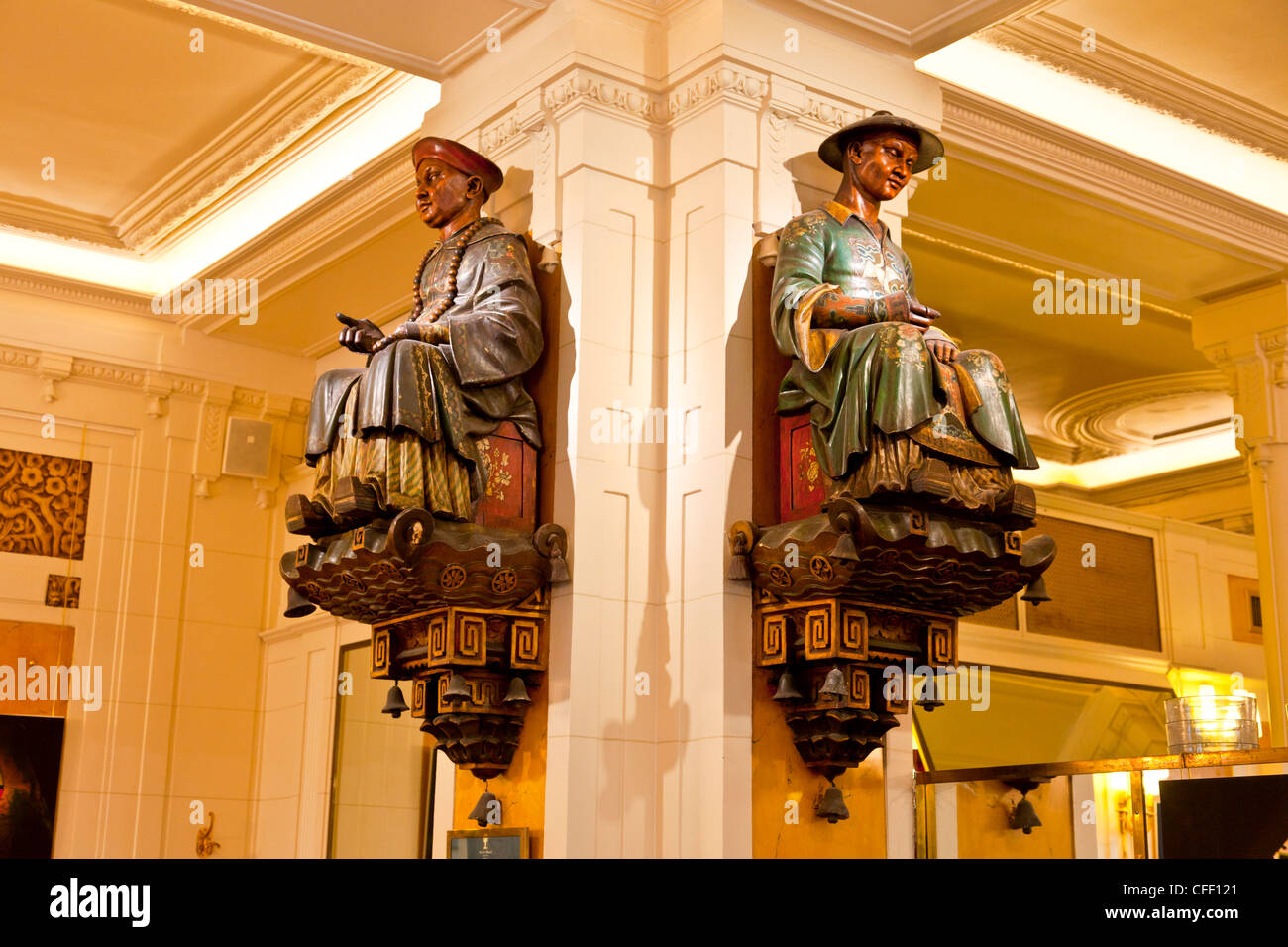 The two statues that gave Les Deux Magots Cafe its name, Saint-Germain-des-Pres, Left Bank, Paris, France, Europe Stock Photo