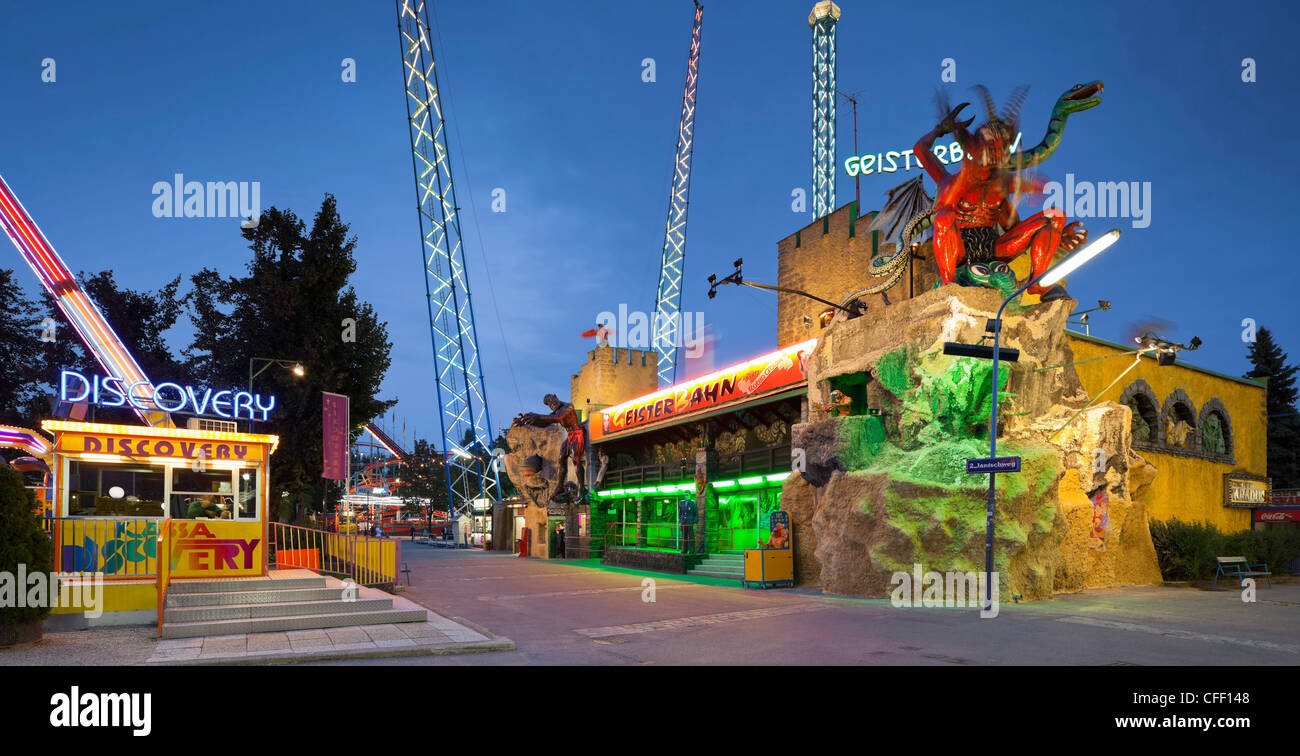 Illuminated ghost train in the evening, Prater, Leopoldstadt, Vienna, Austria, Europe Stock Photo