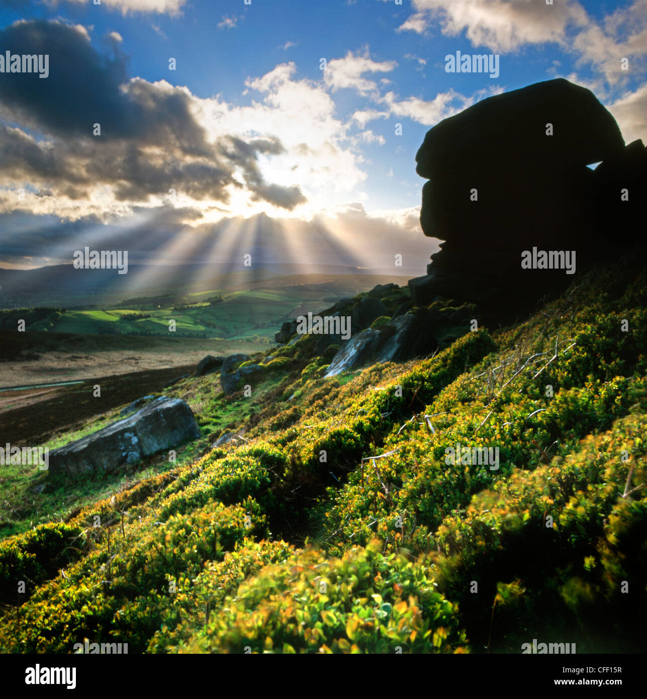 Stanage Edge moody light  in Derbyshire 'Great Britain' Stock Photo