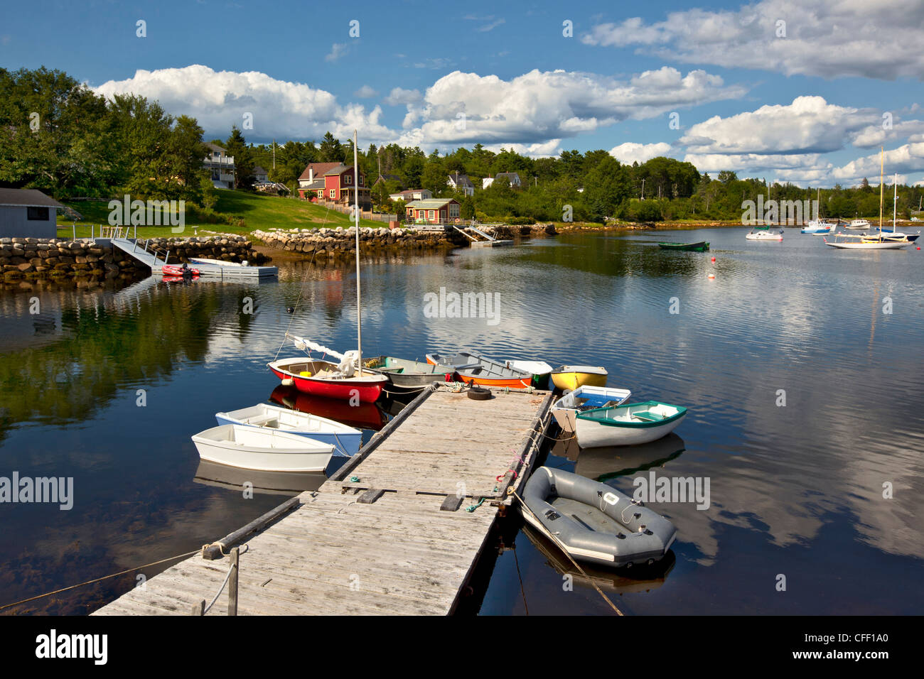 Small boats tied up at dock, Hubbards, Nova Scotia, Canada Stock Photo