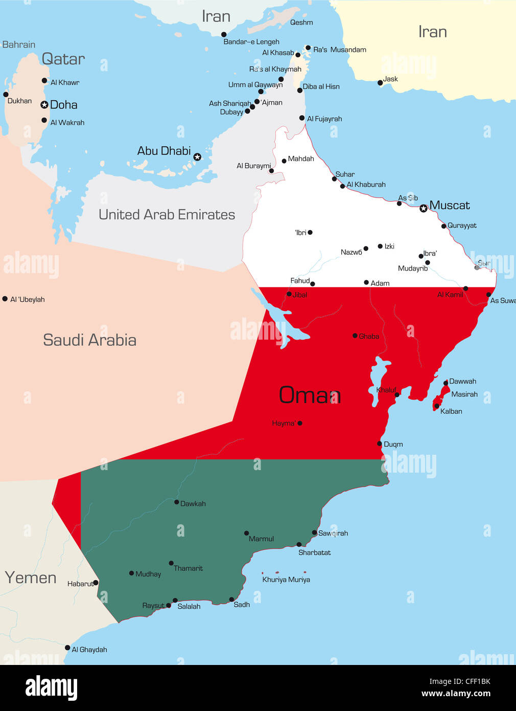 Oman Country In Map Abstract Vector Color Map Of Oman Country Colored By National Flag Stock  Photo - Alamy