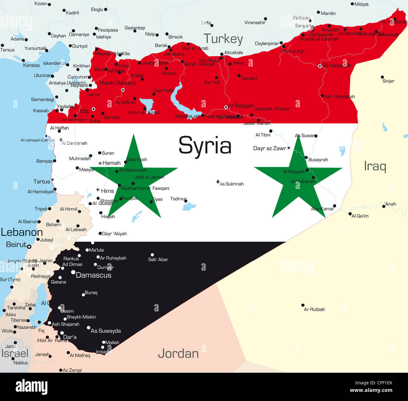 Abstract vector color map of Syria country colored by national flag ...