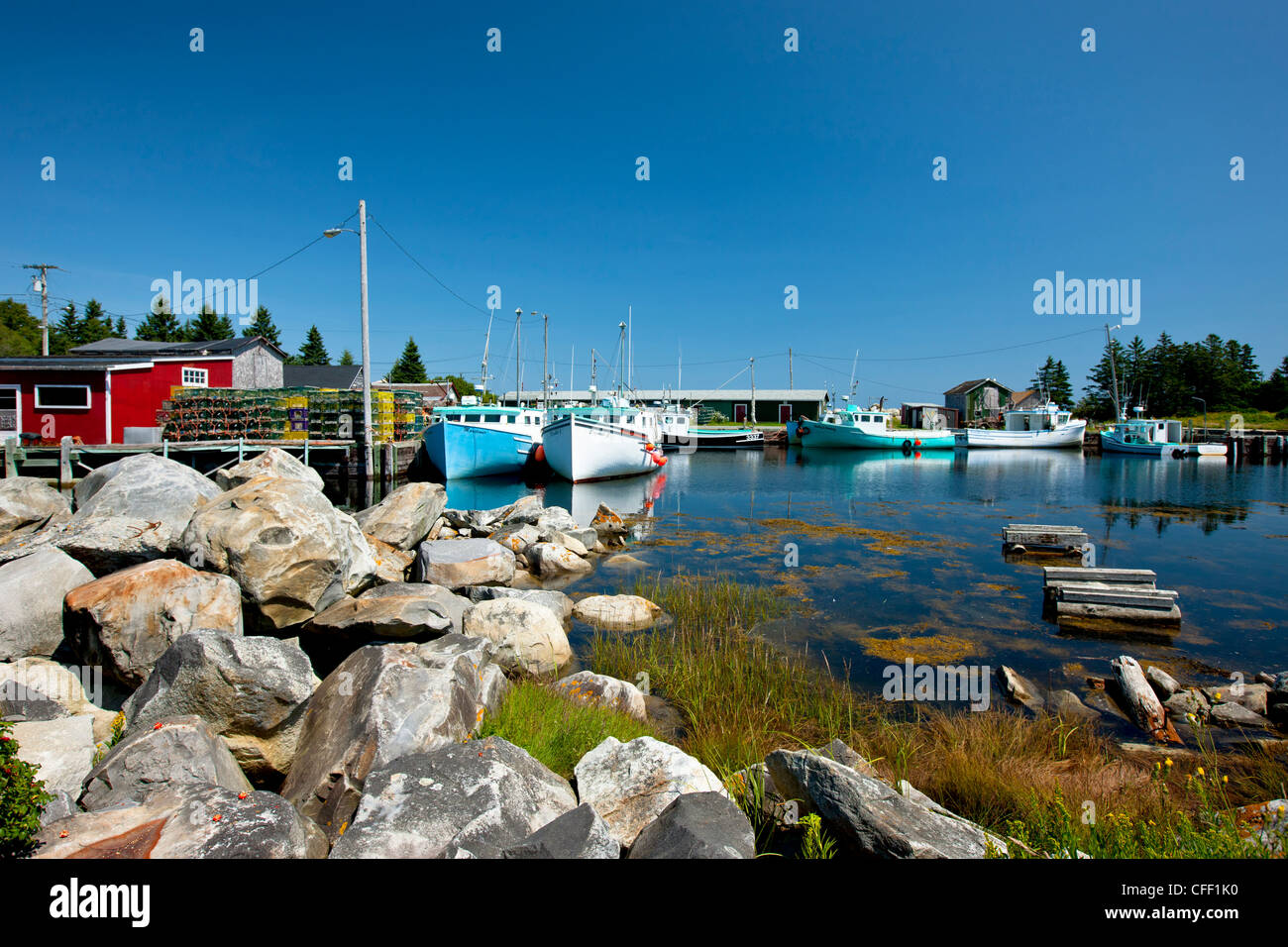 Fishing boats tied up at Moose Harbour, Nova Scotia, Canada Stock Photo