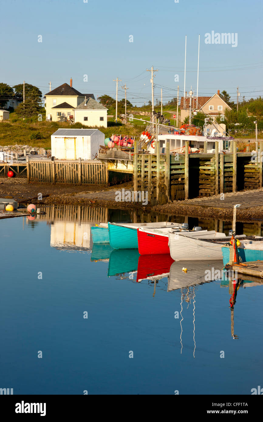 Dories tied up at Woods Harbour, Nova Scotia, Canada Stock Photo