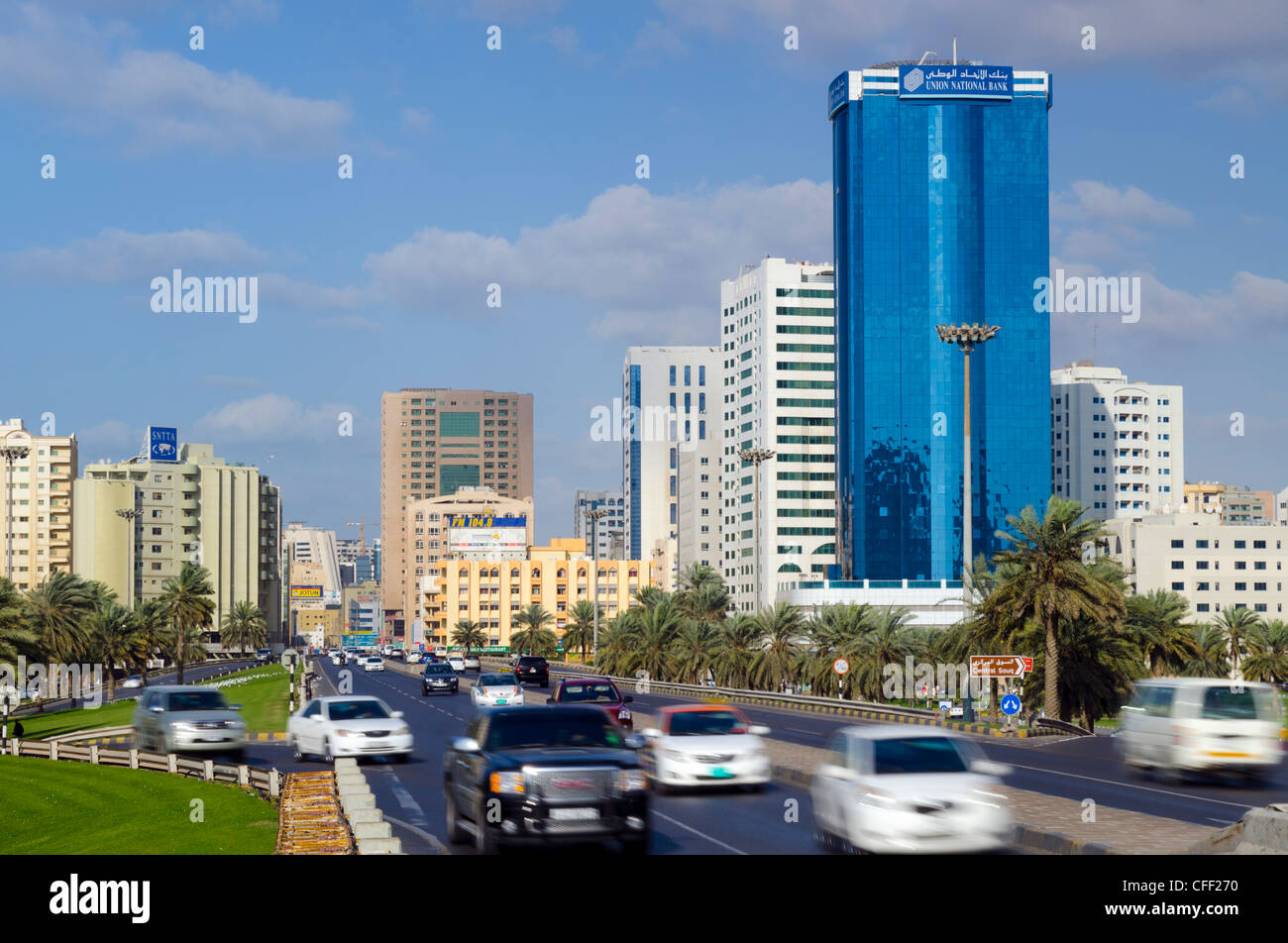 Al-Arouba Street from end of Sharjah Bridge, Sharjah, United Arab Emirates, Middle East Stock Photo