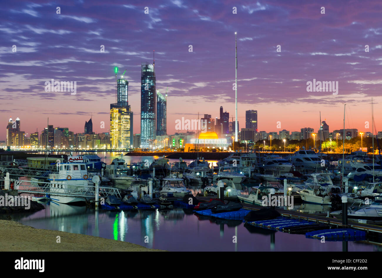 City skyline from Abu Dhabi International Marine Sports Club, Abu Dhabi, United Arab Emirates, Middle East Stock Photo