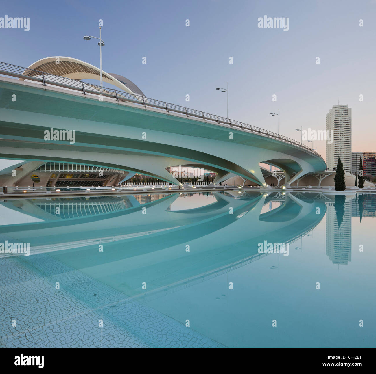 Reflection of bridge in the water, Ciudad de las Artes y de las Ciencias, Valencia, Spain, Europe Stock Photo