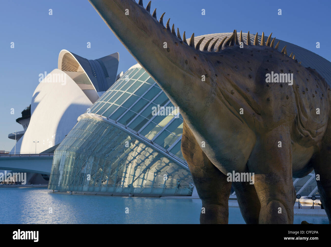 Dinosaur in front of IMAX cinema L'Hemispheric and Palau de les Arts Reina Sofia, Ciudad de las Artes y de las Ciencias, Valenci Stock Photo