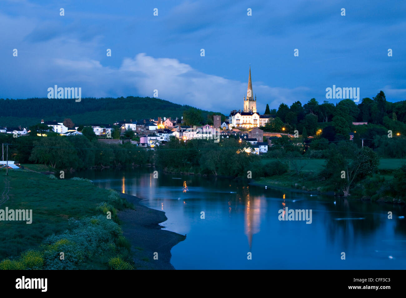 Skyline of Ross-on-Wye on the river Wye at dusk in Herefordshire, Britain Stock Photo