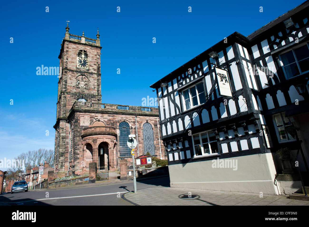 St Alkmund's church and Black Bear pub, Whitchurch Shropshire England UK Stock Photo