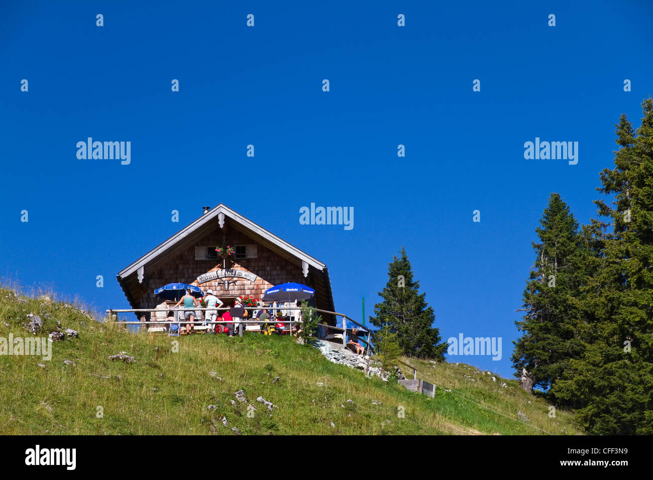 Mountain hut Sonnbergalm in the sunlight, Mangfall mountains, Upper Bavaria, Germany, Europe Stock Photo
