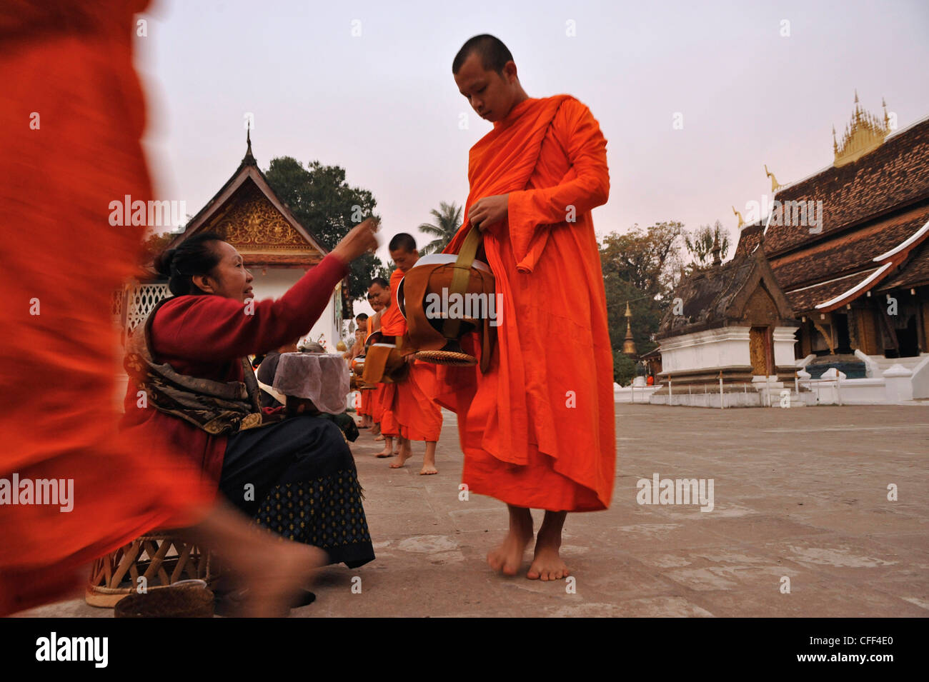 Monks collecting alms before sunrise, Luang Prabang, Laos Stock Photo