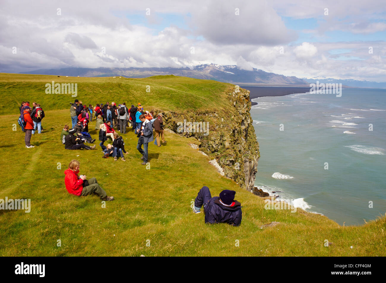 Tourists looking the colonies of puffins nests in the cliffs of Vik, Iceland, Polar Regions Stock Photo