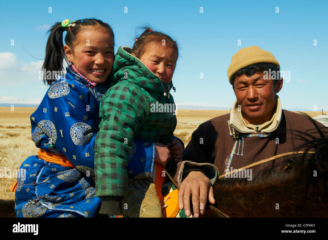 Nomadic Mongolian people in winter, Province of Khovd, Mongolia, Central Asia, Asia Stock Photo