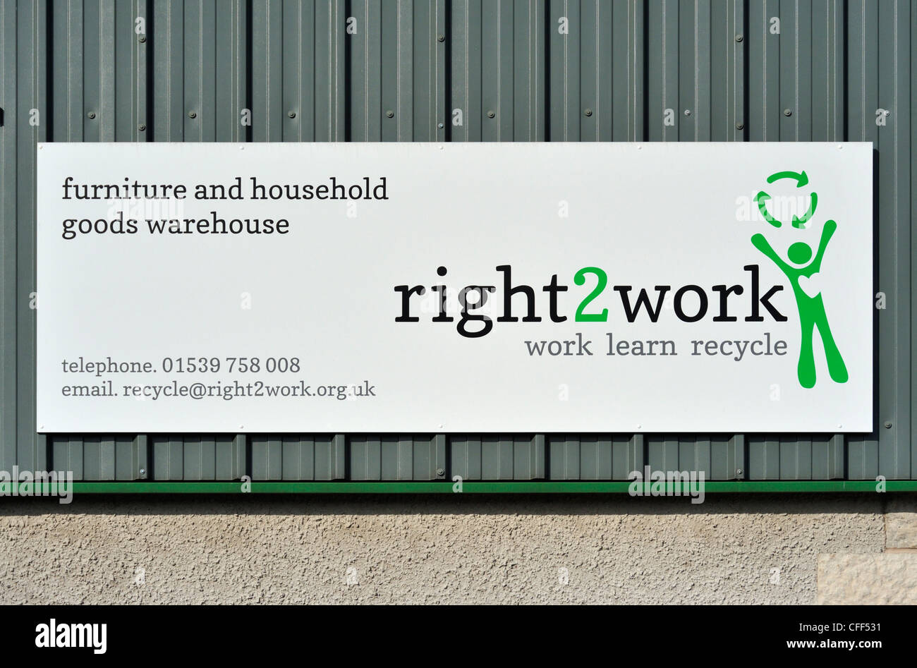 Signboard on 'right2work' warehouse. Dockray Hall Industrial Estate, Kendal, Cumbria, England, United Kingdom, Europe. Stock Photo