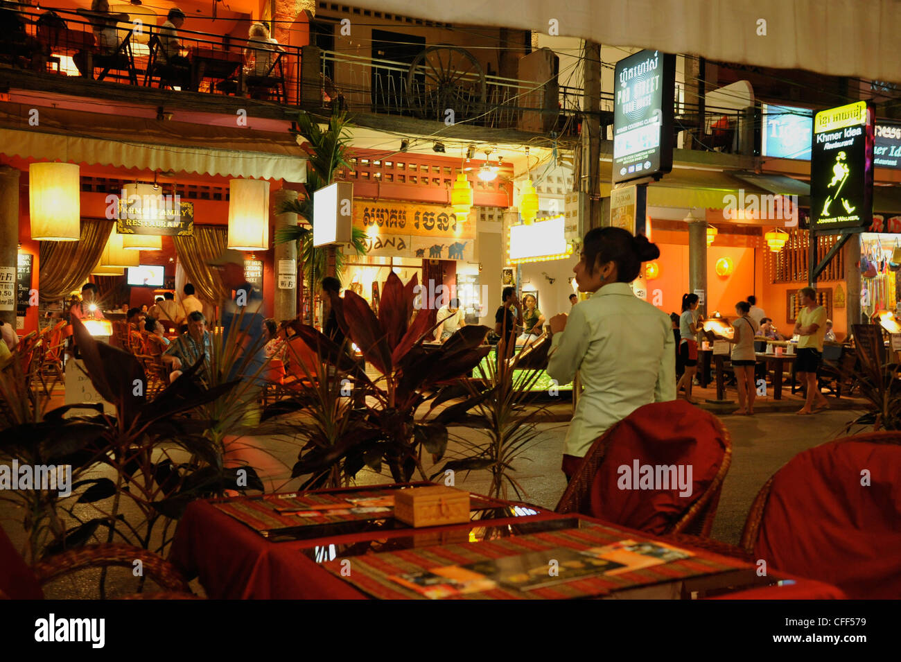 Restaurant street in the evening, Siem Reap, near Angkor, Cambodia, Asia Stock Photo