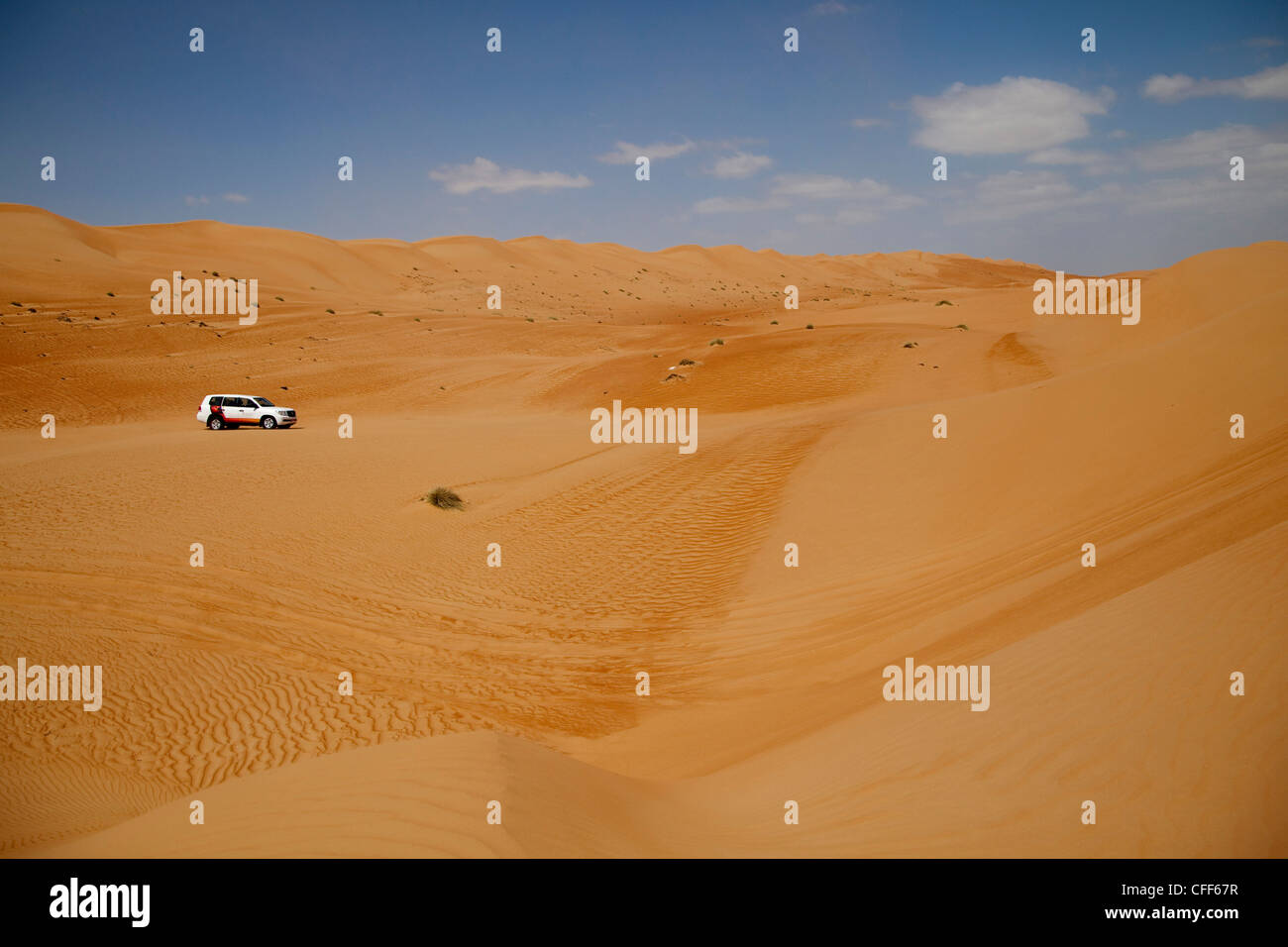 Muscat Desert Adventures 4WD vehicle during dune bashing tour, Wahiba Sands desert, Bidiya, Ash Sharqiyah, Oman, Arabian Peninsu Stock Photo