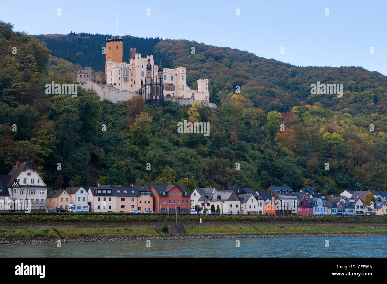 Schloss Stolzenfels castle, seen from the Rhine river cruise ship MS Bellevue, TC Bellevue, TransOcean Kreuzfahrten, near Koblen Stock Photo