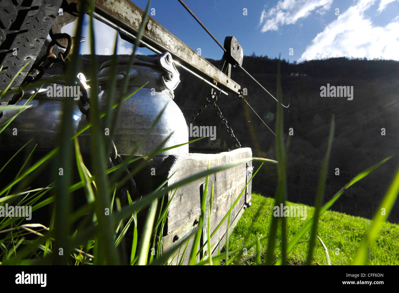 Milk cans in a cable car, Schnals valley, South Tyrol, Italy, Europe Stock Photo