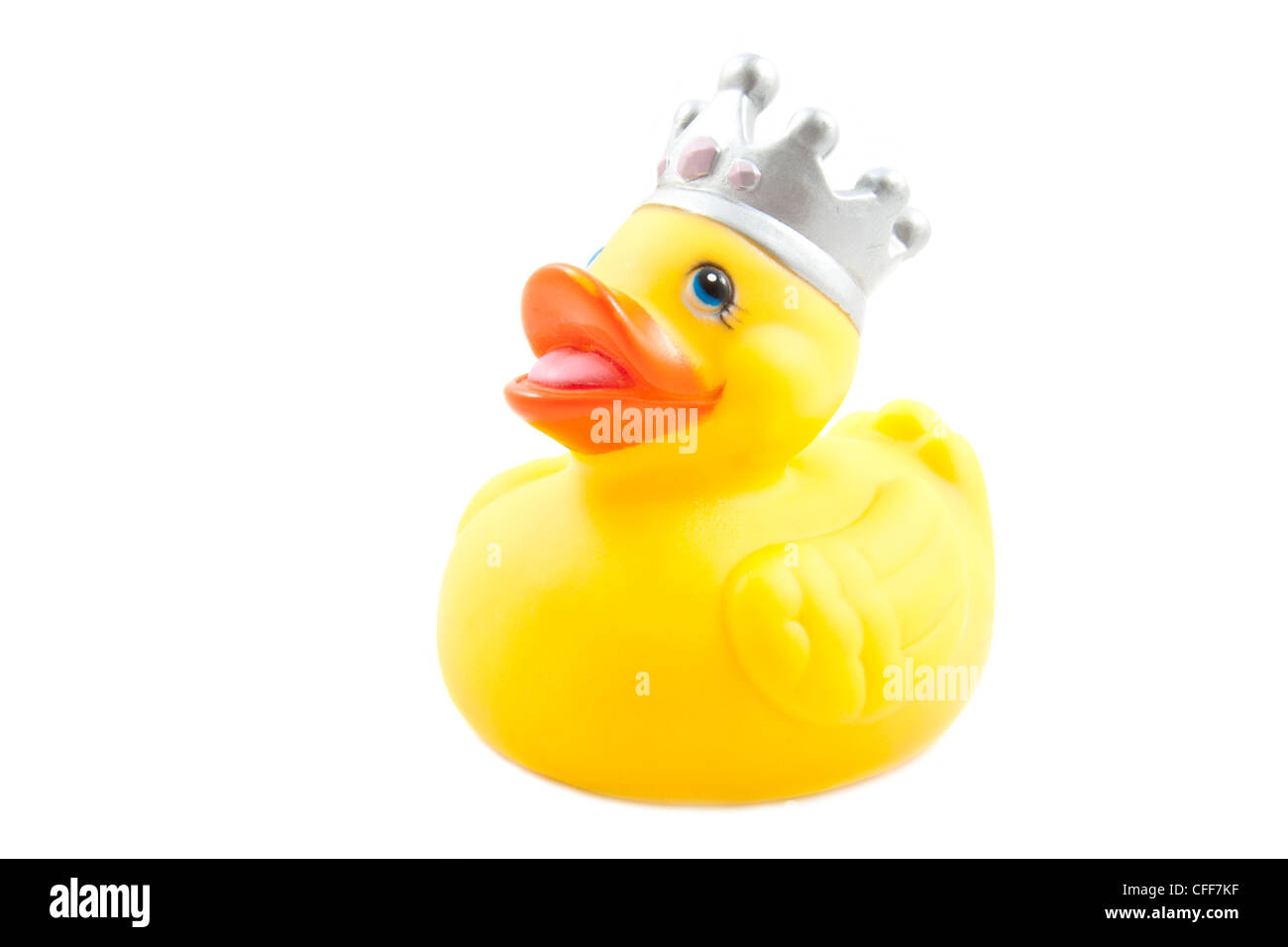 Yellow rubber king duck isolated over white Stock Photo