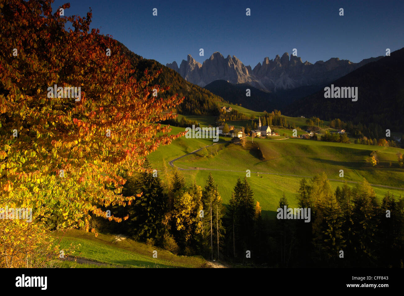 St. Magdalena at valley of Villnoess in autumn, Dolomites, South Tyrol, Alto Adige, Italy, Europe Stock Photo