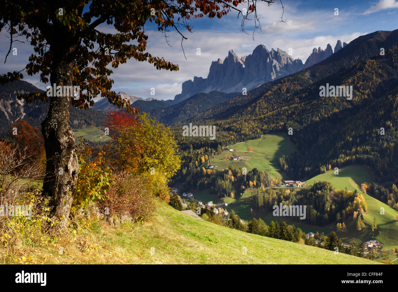 View of St. Magdalena at valley of Villnoess in autumn, Dolomites, South Tyrol, Alto Adige, Italy, Europe Stock Photo