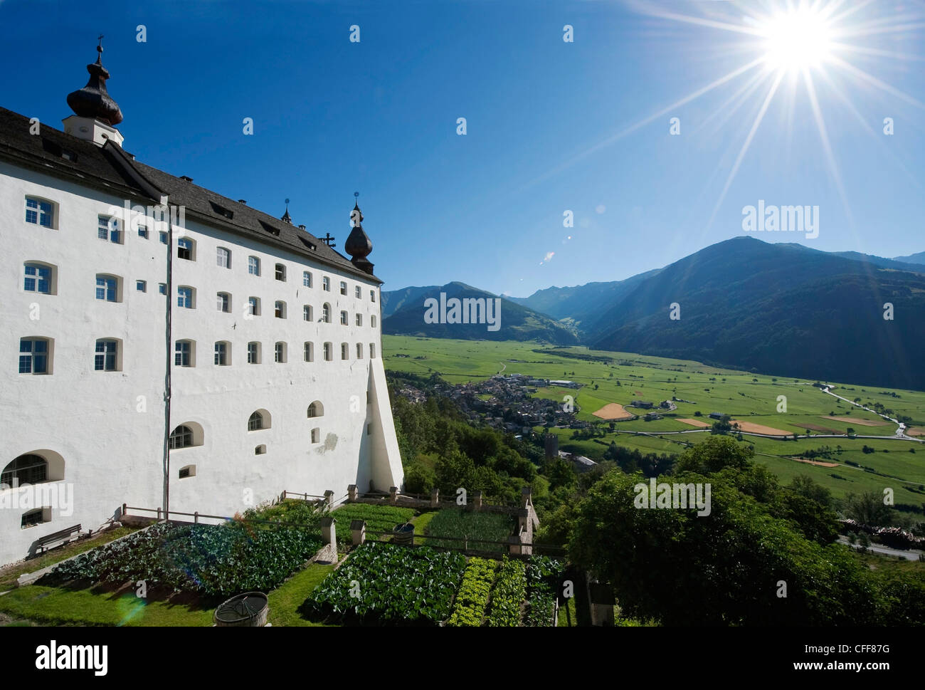 Marienberg monastery in the sunlight, Vinschgau, South Tyrol, Alto Adige, Italy, Europe Stock Photo
