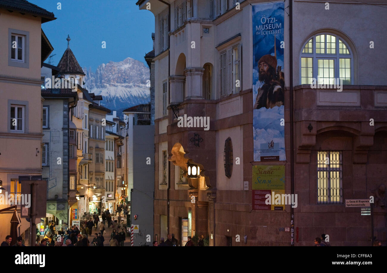 People on the street at the old town in the evening, Bolzano, South Tyrol, Alto Adige, Italy, Europe Stock Photo