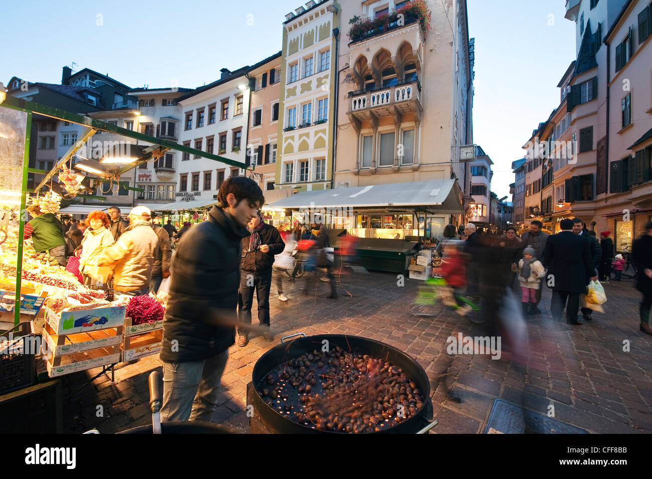 People on the street at the old town in the evening, Bolzano, South Tyrol, Alto Adige, Italy, Europe Stock Photo