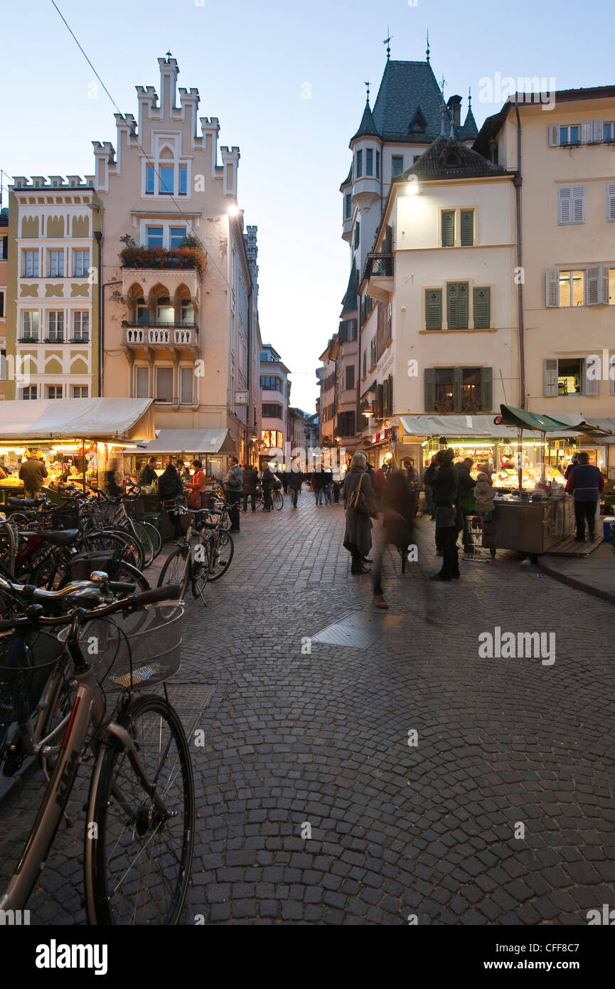 People on the street at the old town in the evening, Bolzano, South Tyrol, Alto Adige, Italy, Europe Stock Photo