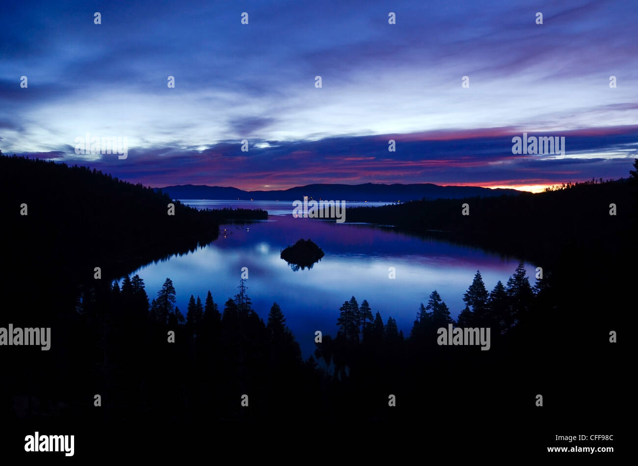 A predawn view of Emerald Bay just before sunrise in Lake Tahoe, California. Stock Photo