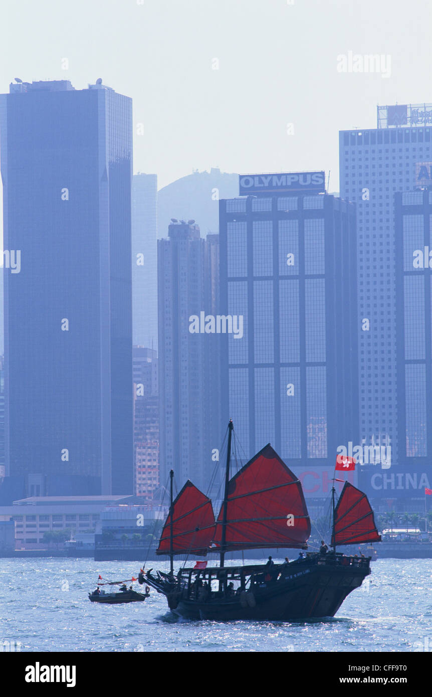 China, Hong Kong, Victoria Harbour, Junk and City Skyline in Background Stock Photo