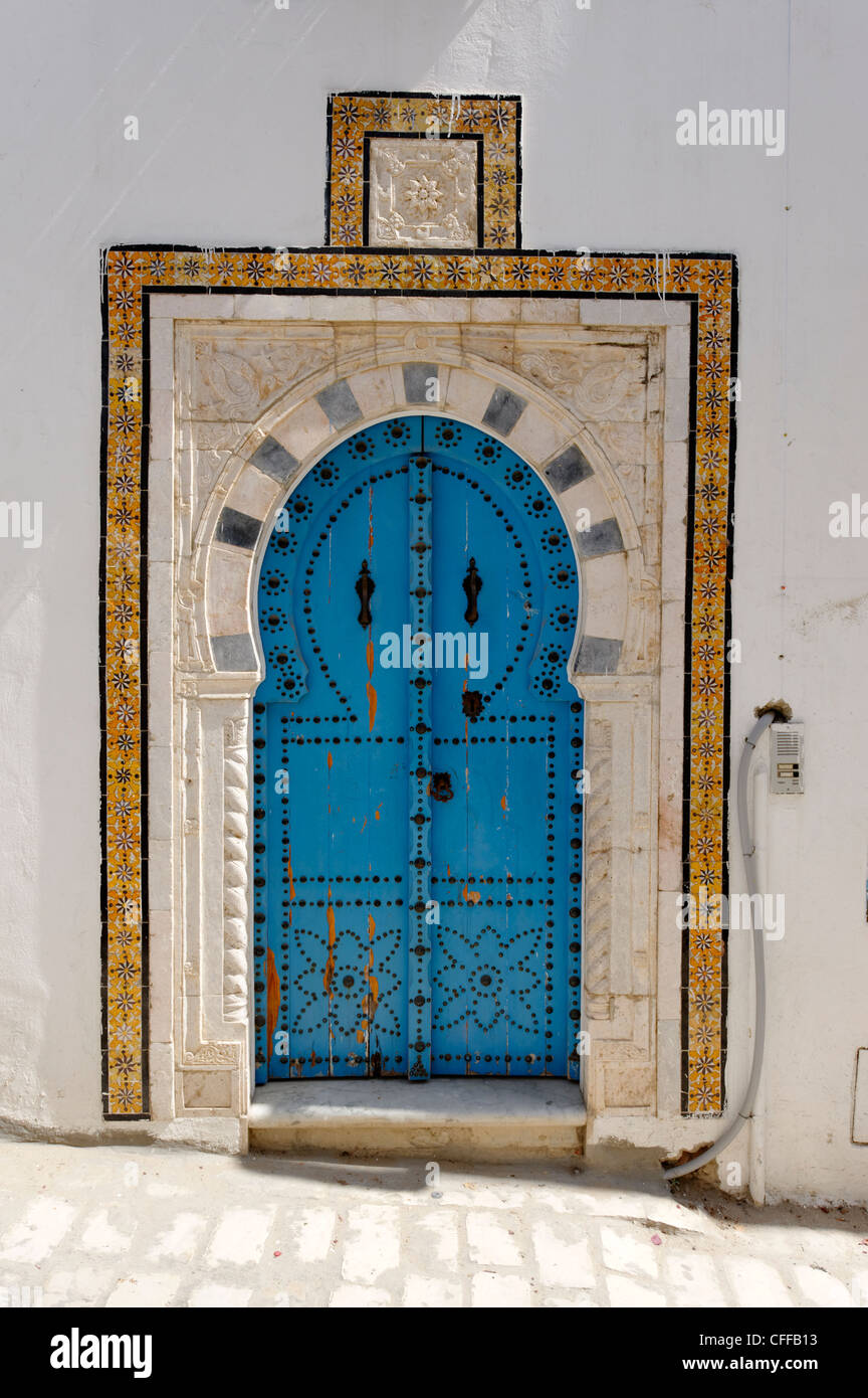 Sidi Bou Said Tunisia View Of Beautiful Arched Blue Door With Lavish Studded Ornamentation And Motifs In The Cliff Top Stock Photo Alamy
