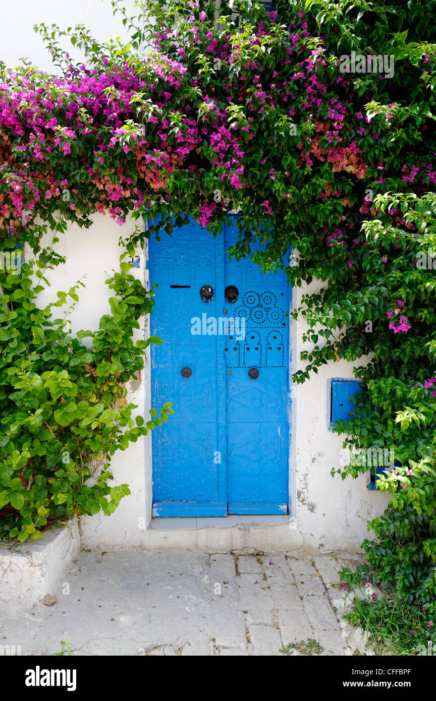 Sidi Bou Said. Tunisia. Peaceful scene of blue door with studded ornamentation surrounded by overflowing pink bougainvillea in Stock Photo