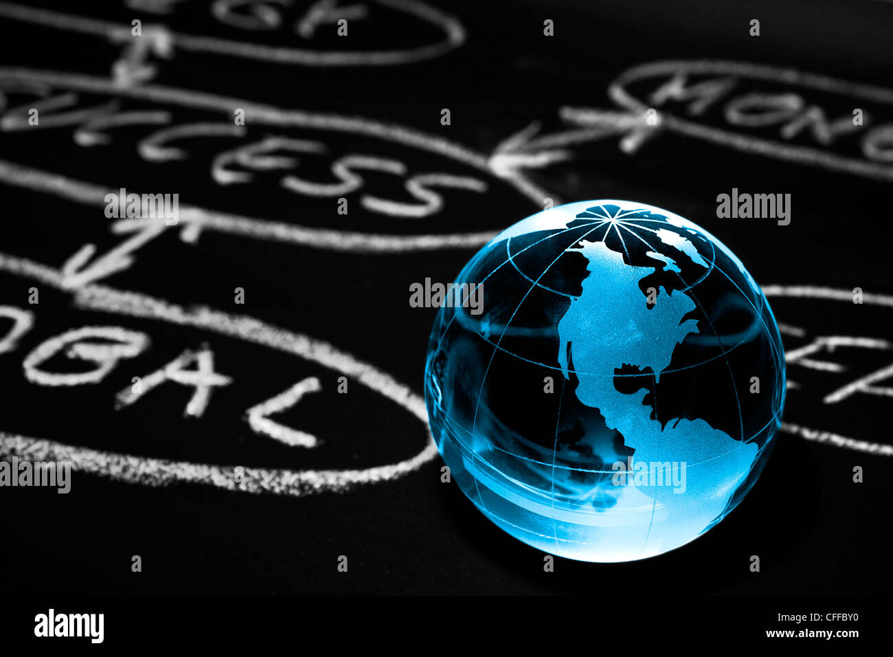 Flowchart on a chalk board with world globe showing America Stock Photo