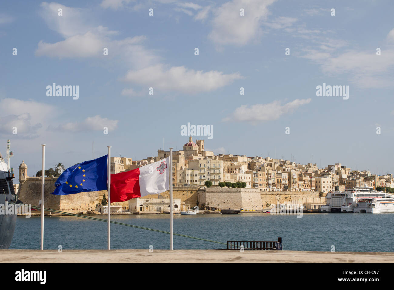 View at La Valletta, Malta with Maltese and European flags Stock Photo