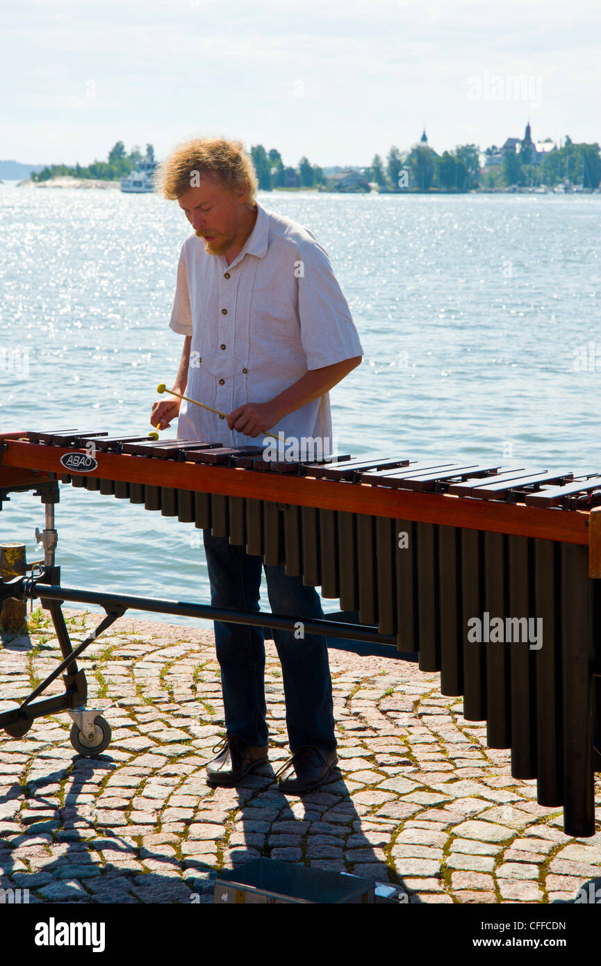 Musician beside Eteläsatama (South Harbour) Helsinki Finland Stock Photo