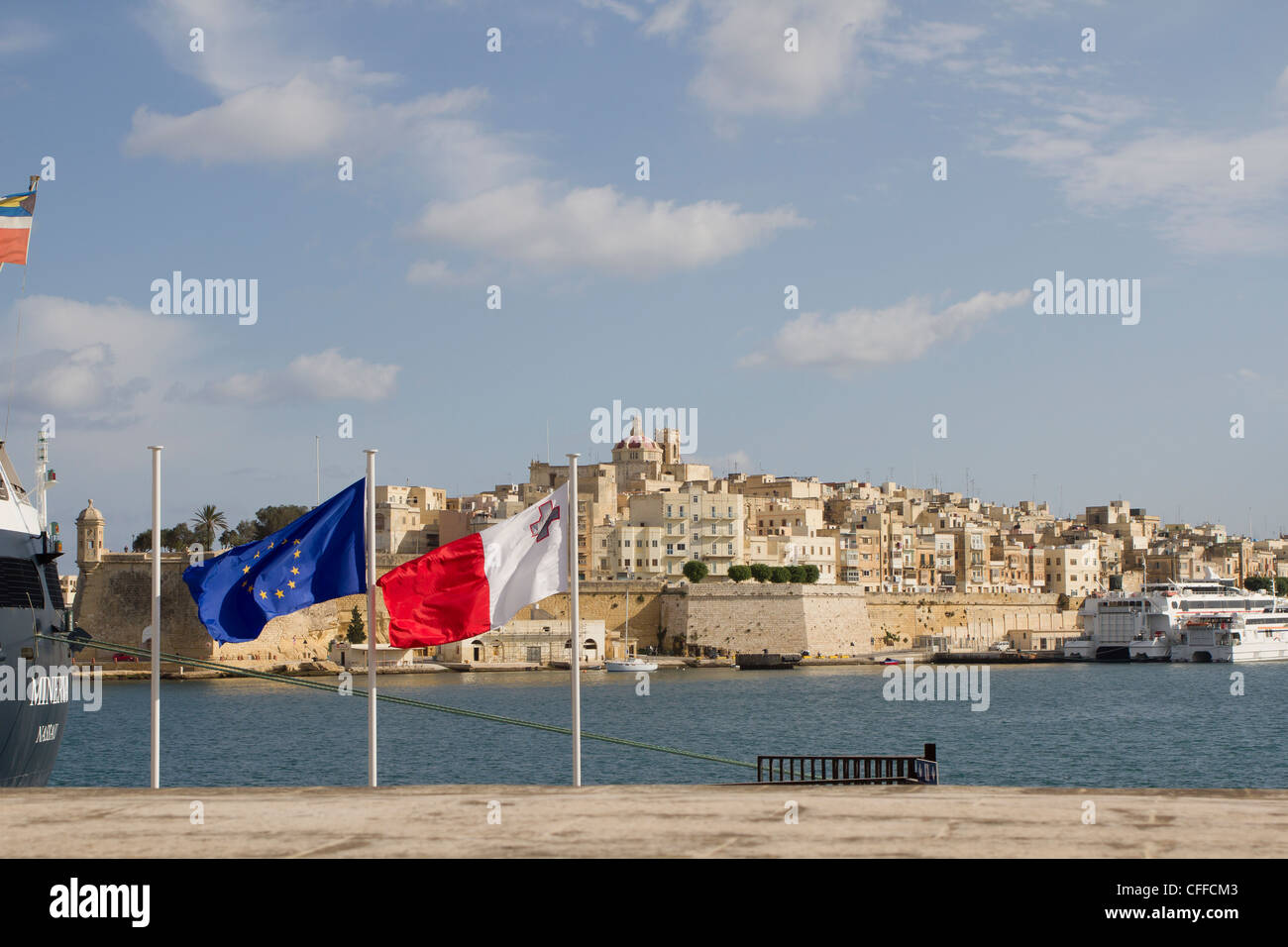 View at La Valletta, Malta with Maltese and European flags Stock Photo