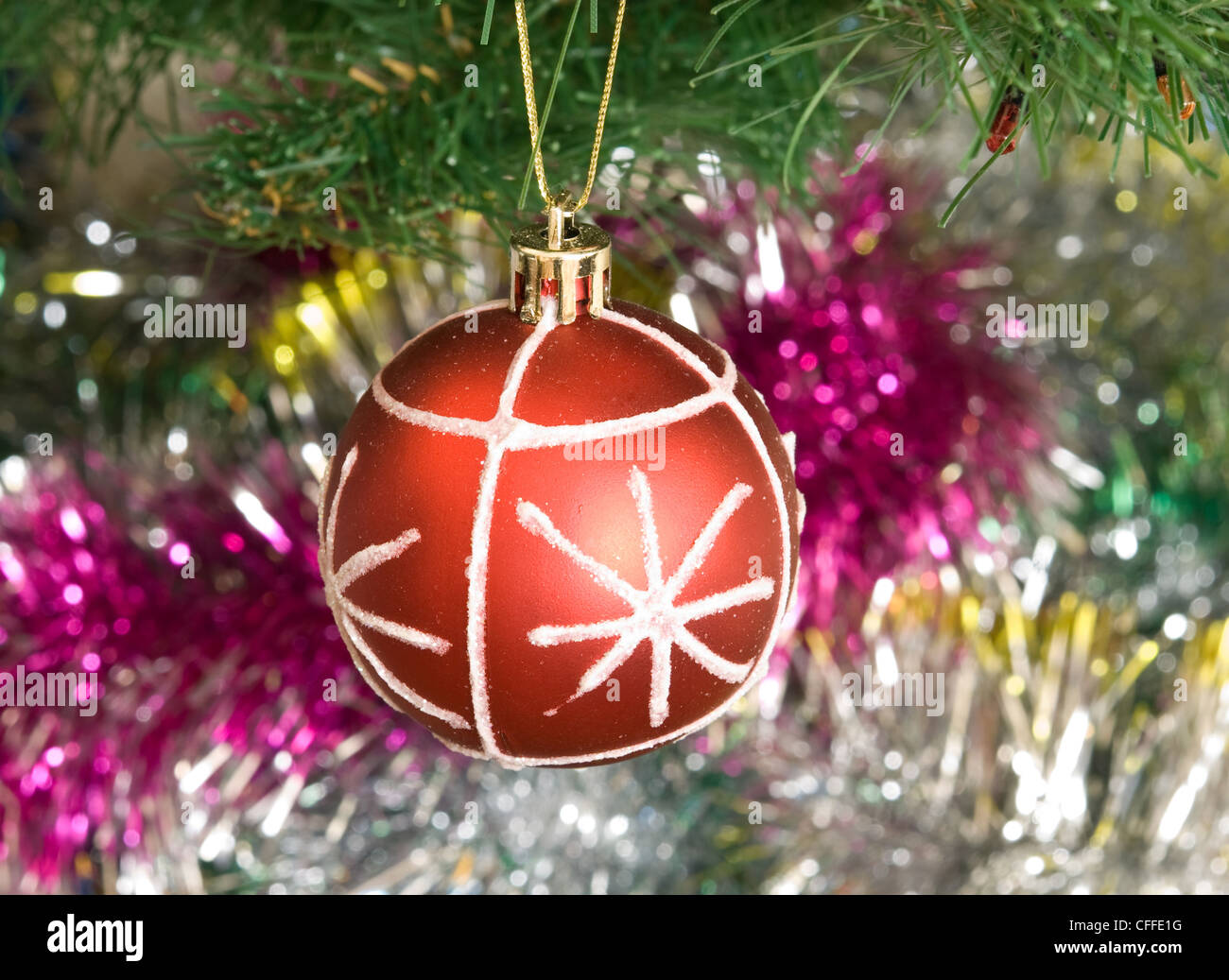christmas ball on background green pine Stock Photo