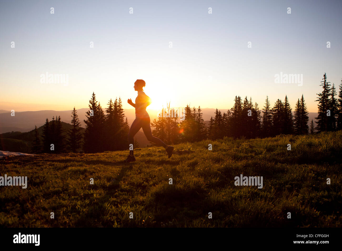 A woman on an early morning run on the Wasatch Crest trail. Stock Photo