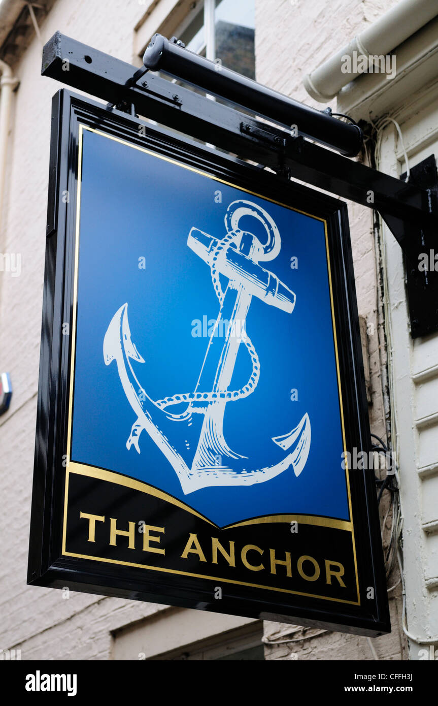 The Anchor Pub Sign, Laundress Lane, Cambridge, England, UK Stock Photo