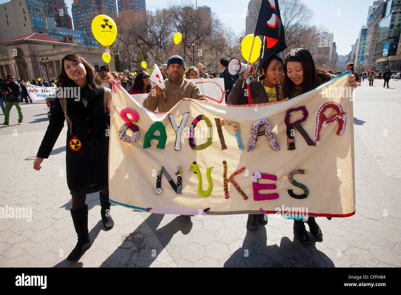 Activists in New York gather in Union Square Park to protest the use of nuclear energy Stock Photo