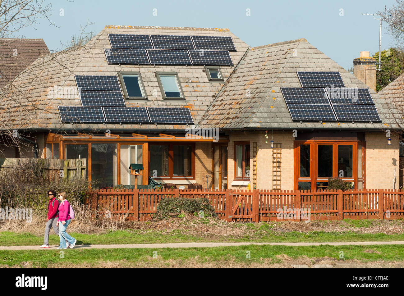 Solar panels on the roof of a house on the river Cam near Cambridge. England. Stock Photo