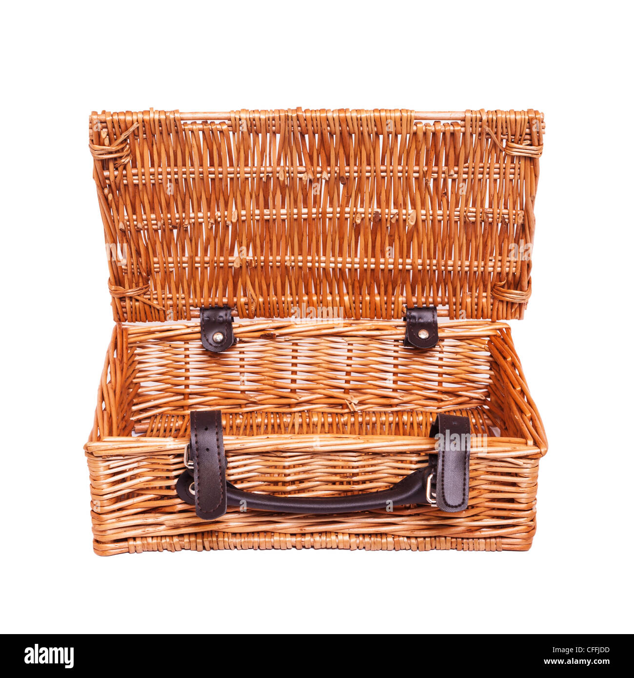 A small traditional wicker picnic basket on a white background Stock Photo