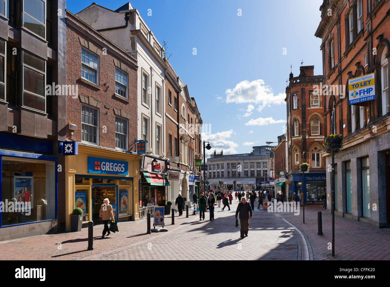 Shops on Cornmarket in the city centre, Derby, Derbyshire, East